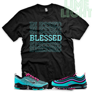 Hyper Turquoise/ Pink Blast "Blessed 7" VaporMax Flyknit 3 Black T-Shirt
