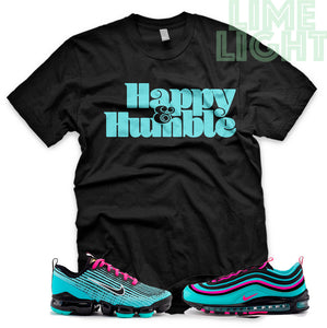 Hyper Turquoise/ Pink Blast "Happy and Humble" VaporMax Flyknit 3 Black T-Shirt
