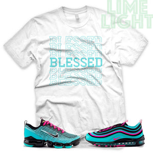 Hyper Turquoise/ Pink Blast "Blessed 7" VaporMax Flyknit 3 White T-Shirt