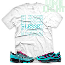 Load image into Gallery viewer, Hyper Turquoise/ Pink Blast &quot;Blessed 7&quot; VaporMax Flyknit 3 White T-Shirt
