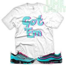 Load image into Gallery viewer, Hyper Turquoise/ Pink Blast &quot;Got &#39;Em&quot; VaporMax Flyknit 3 White T-Shirt
