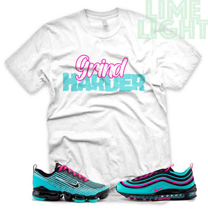Hyper Turquoise/ Pink Blast "Grind Harder" VaporMax Flyknit 3 White T-Shirt