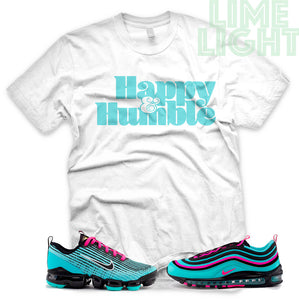 Hyper Turquoise/ Pink Blast "Happy and Humble" VaporMax Flyknit 3 White T-Shirt