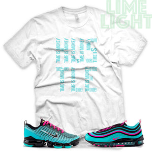 Hyper Turquoise/ Pink Blast "Time is Money" VaporMax Flyknit 3 White T-Shirt