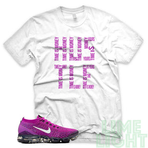 Vivid Purple "Time is Money" Nike Air VaporMax Flyknit 3 White T-Shirt