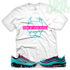 Hyper Turquoise/ Pink Blast "Show Me Your Pitties" VaporMax Flyknit 3 White T-Shirt