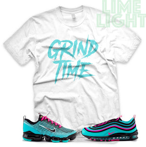 Hyper Turquoise/ Pink Blast "Grind Time" VaporMax Flyknit 3 White T-Shirt