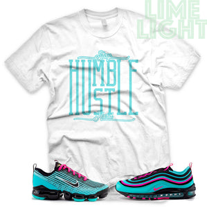Hyper Turquoise/ Pink Blast "Stay Humble Hustle Hard" VaporMax Flyknit 3 White T-Shirt