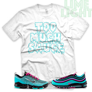 Hyper Turquoise/ Pink Blast "Too Much Sauce" VaporMax Flyknit 3 White T-Shirt