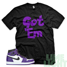 Load image into Gallery viewer, Court Purple &quot;Got Em&quot; Air Jordan 1 Retro Black Sneaker T-Shirt
