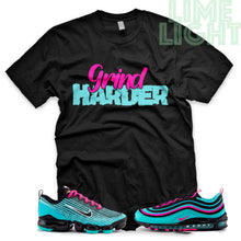 Load image into Gallery viewer, Hyper Turquoise/ Pink Blast &quot;Grind Harder&quot; VaporMax Flyknit 3 Black T-Shirt
