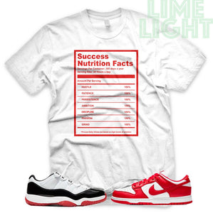 University Red "Success Nutrition Facts" AJ1 Retro OG Bloodline | Dunk Low SP | AF1 Low | Jordan 11 Retro Bred Low | White Sneaker Shirt