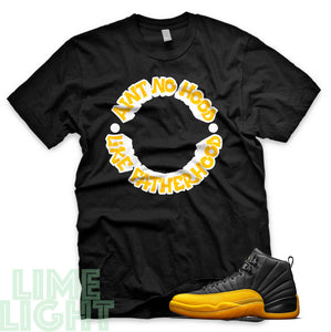 University Gold "Ain't No Hood Like Fatherhood" Air Jordan 12 Black Sneaker T-Shirt