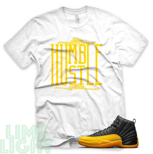 University Gold "Stay Humble Hustle Hard" Air Jordan 12 White Sneaker T-Shirt