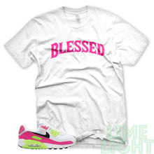 Load image into Gallery viewer, Pink Blast/ Ghost Green &quot;Blessed&quot; Air Max 90 White T-Shirt
