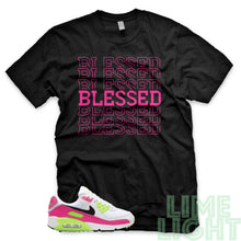 Load image into Gallery viewer, Pink Blast/ Ghost Green &quot;Blessed7&quot; Air Max 90 Black T-Shirt
