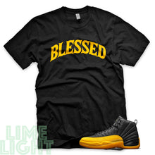 Load image into Gallery viewer, University Gold &quot;Blessed&quot; Air Jordan 12 Black Sneaker T-Shirt
