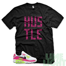 Load image into Gallery viewer, Pink Blast/ Ghost Green &quot;Time is Money&quot; Air Max 90 Black T-Shirt
