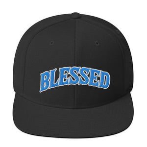 Black Snapback Hat "Blessed" in Blue