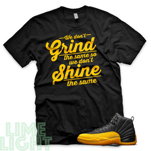 University Gold "Grind and Shine" Air Jordan 12 Black Sneaker T-Shirt