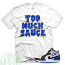 Load image into Gallery viewer, Union Hyper Royal | Game Royal Black Toe &quot;Too Much Sauce&quot; Air Jordan 1 White Sneaker T-Shirt
